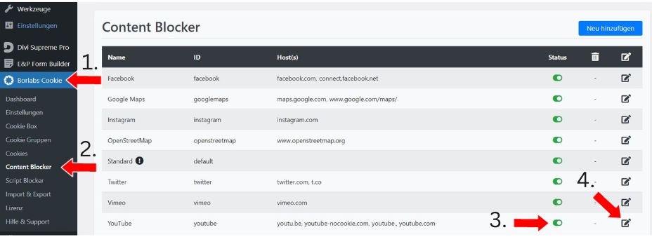 YouTube Content Blocker in Borlabs Cookie aktivieren