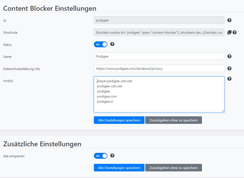 Borlabs Content Blocker Einstellungen für Podigee