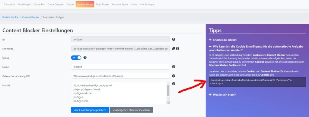 Borlabs Cookie Content Blocker Inhalte freischalten über Cookie Box