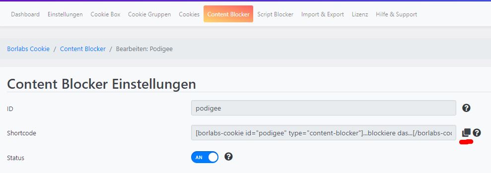 Borlabs Content Blocker Shortcode kopieren