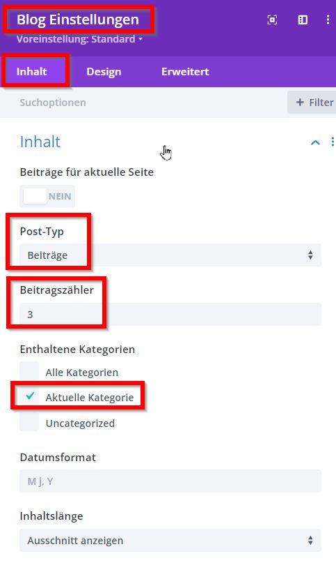 Einstellungen um andere Divi Blog Artikel zu empfehlen