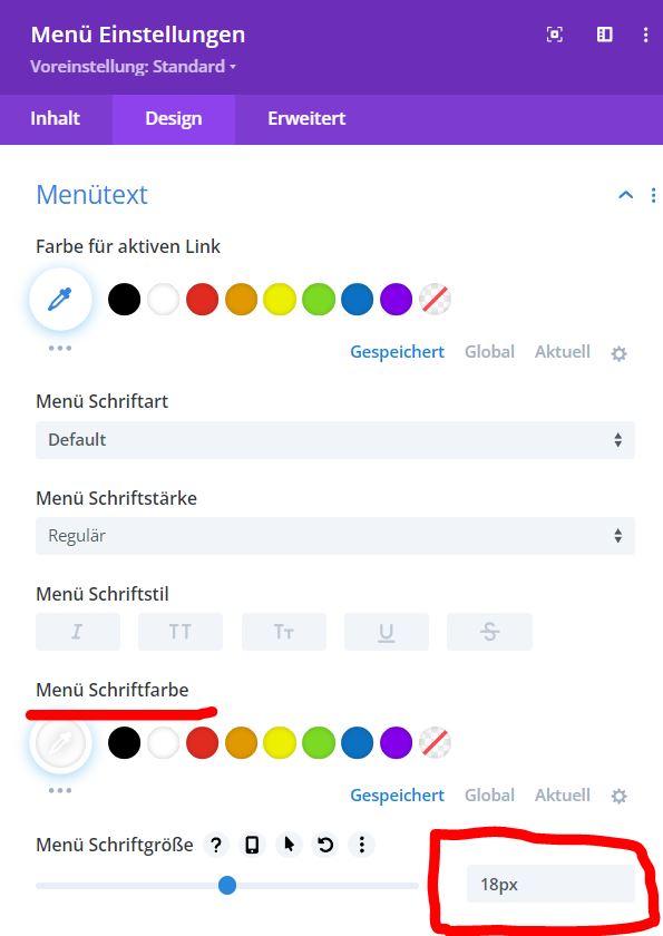 Divi Menü Schriftfarbe und Schriftgröße einstellen