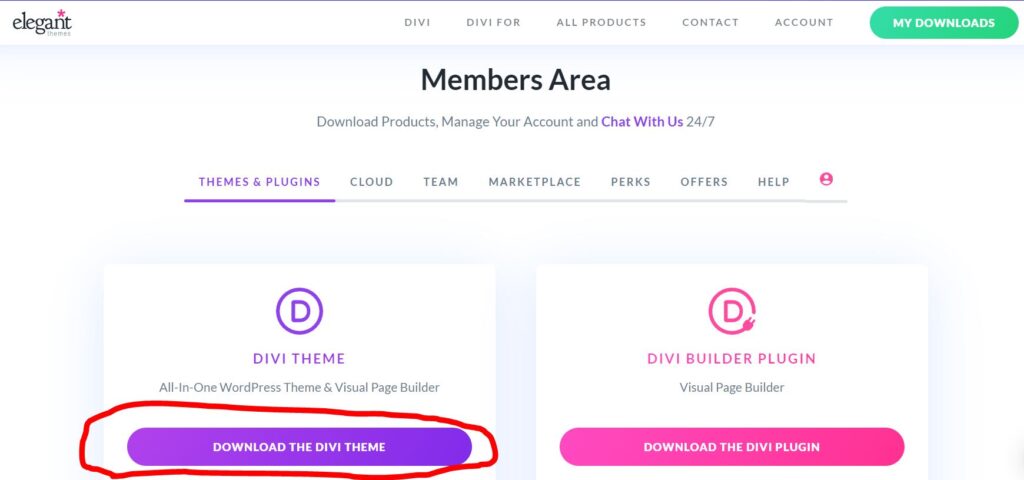 Divi Theme im Elegant Themes Account herunterladen