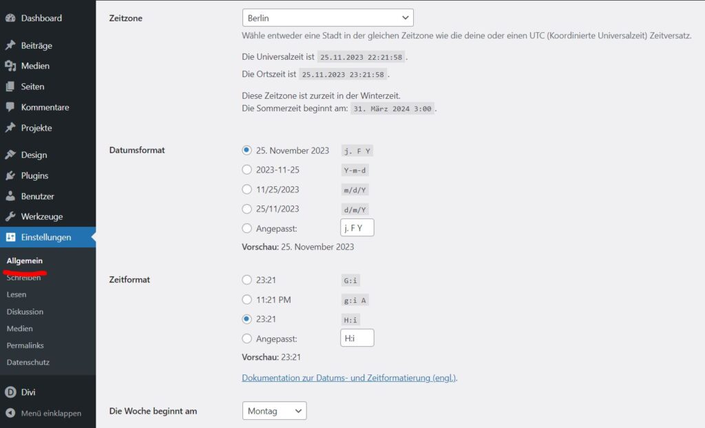 Zeit- und Zeitzonen Einstellungen in WordPress