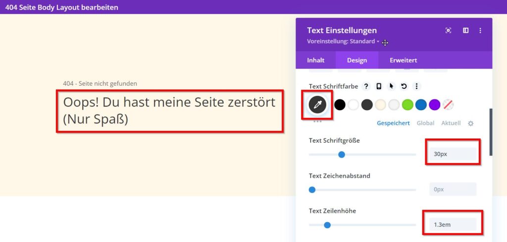 Text auf Divi 404 Fehler Seite gestalten