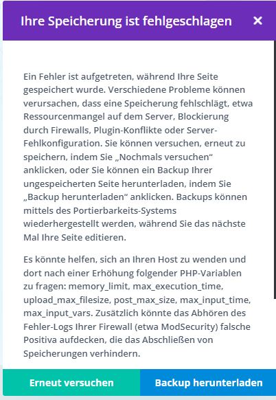 Divi Fehler: "Ihre Speicherung ist fehlgeschlagen"