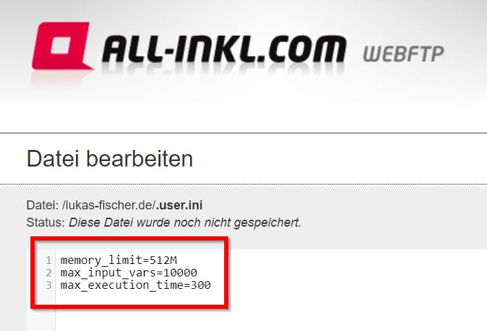 PHP Variablen bei All-Inkl erhöhen über .user.ini Datei